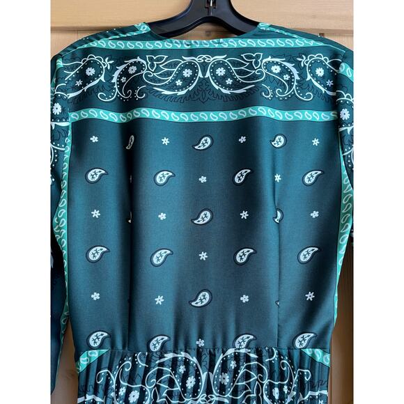 Sandro V Neck Long Sleeve Paisley Print Pleated Midi Dress Green Pattern Small - Picture 7 of 10